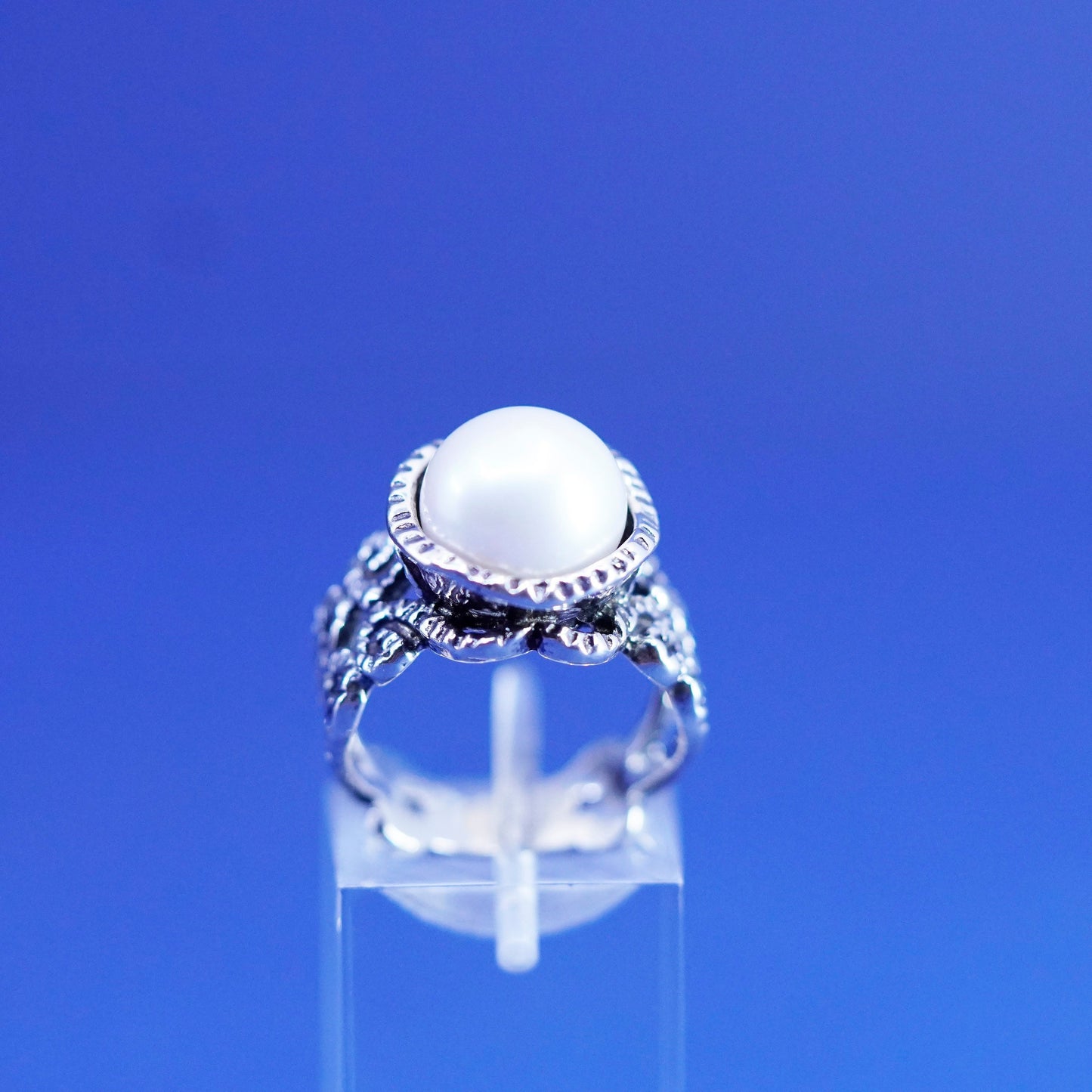 Size 5.5, vtg Israel Shablool Didae Sterling silver handmade beaded ring pearl