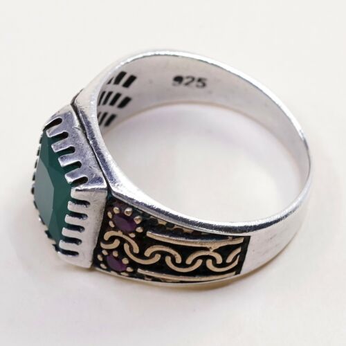 Sz 11 Vtg Two Tone Sterling 925 Silver Handmade Statement Ring W/ Emerald N Ruby