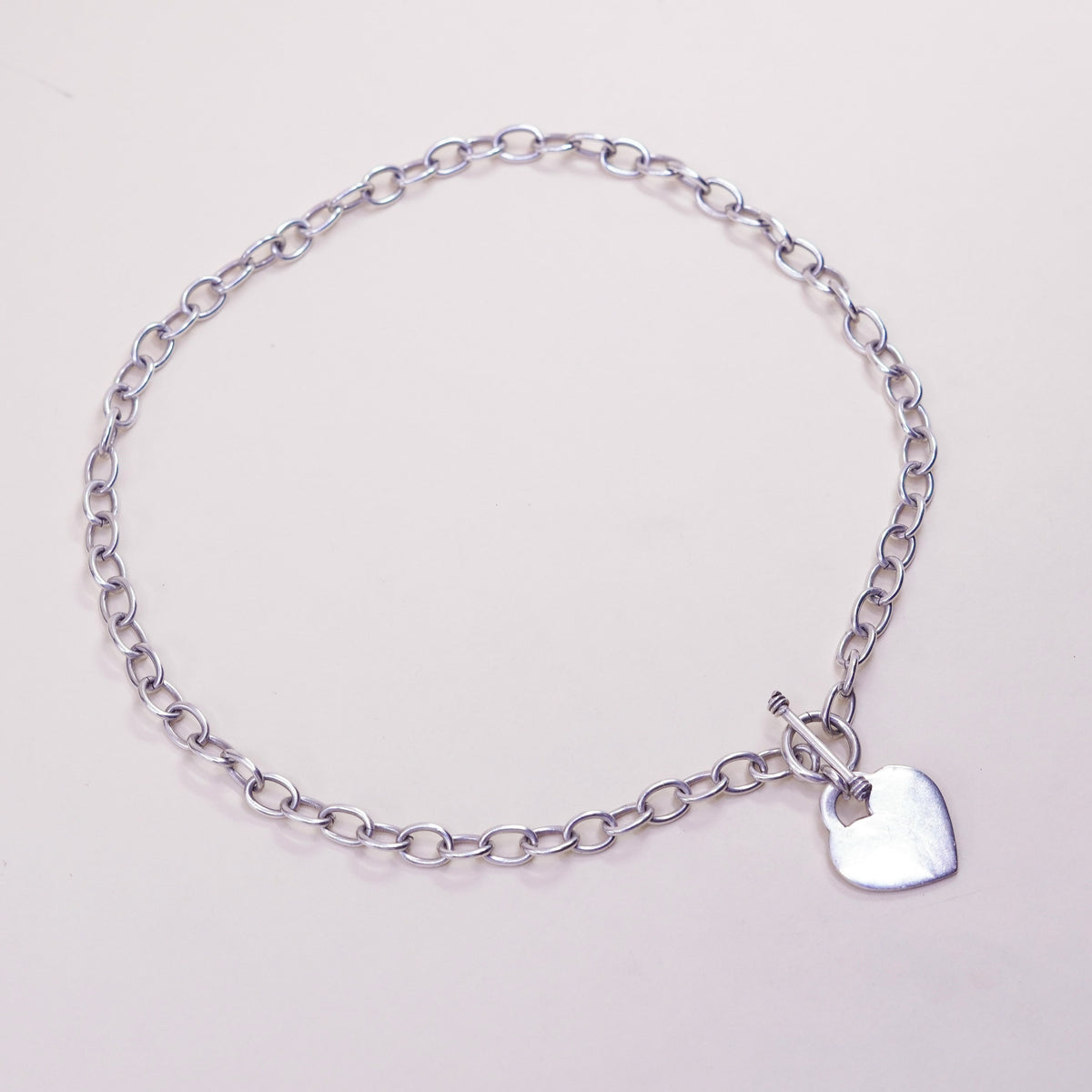 18”, sterling silver charm necklace, 925 bold circle link chain heart charm