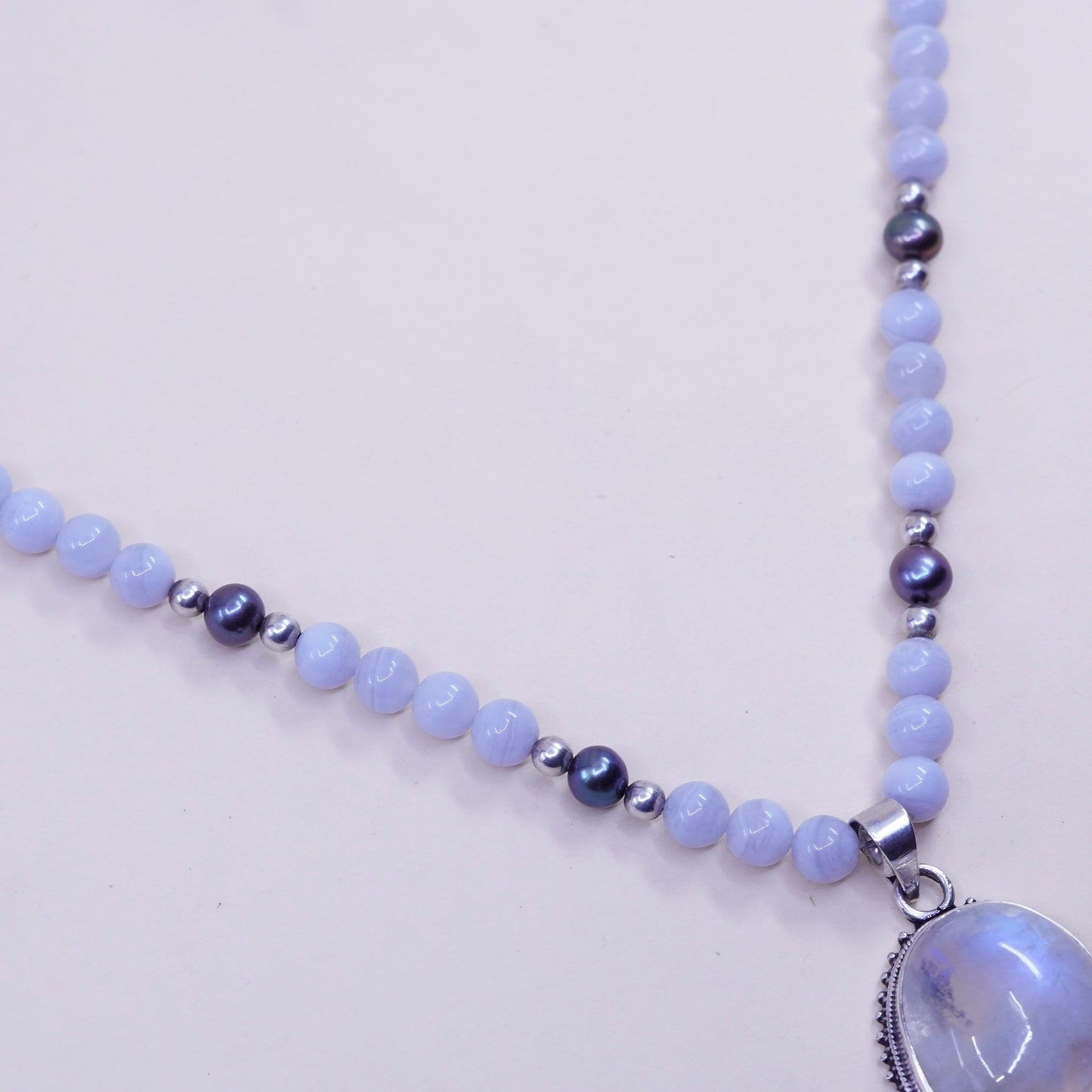 21”, sterling 925 silver necklace lace agate pearl bead chain moonstone pendant