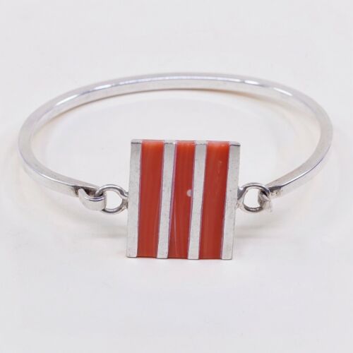 6.75”, Vtg Sterling Silver Handmade Bracelet, Mexico 925 bangle W/ Red Agate
