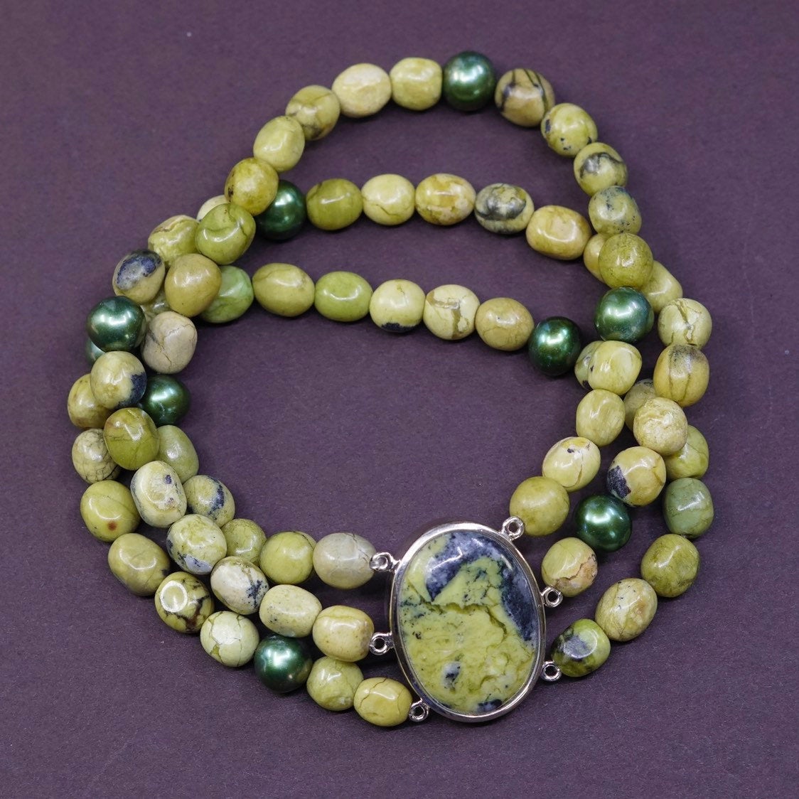 7” vtg sterling 925 silver handmade bracelet, green beads elastic band