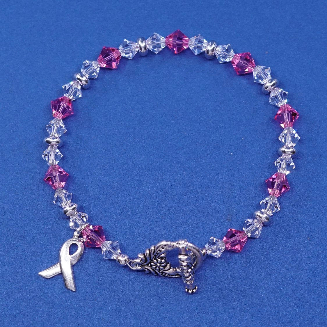 6.5”, vtg sterling silver handmade bracelet, 925 w/ pink crystal beads N toggle