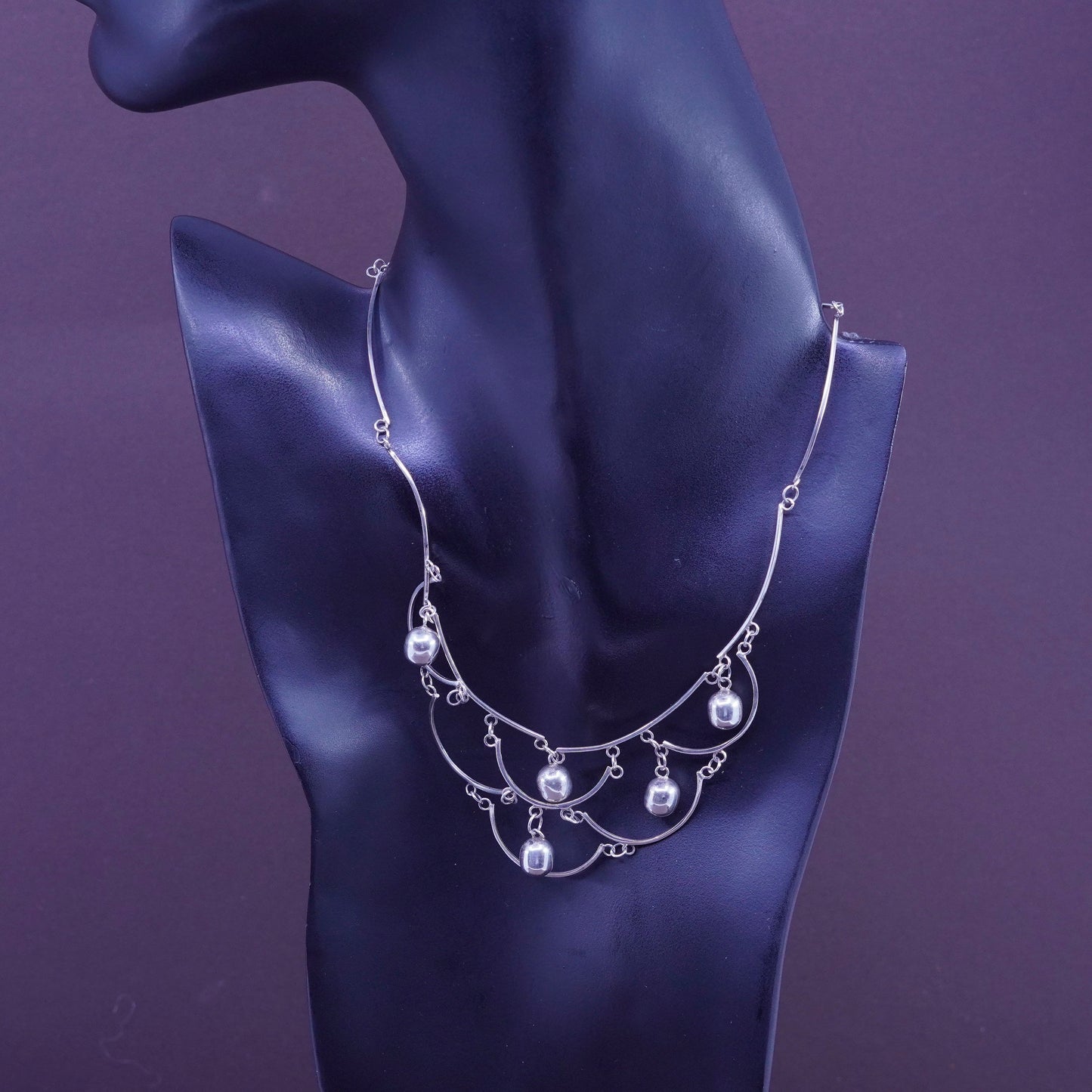 15”, Italy AMF Sterling 925 Silver Multi curvy bar Chain Necklace with beads