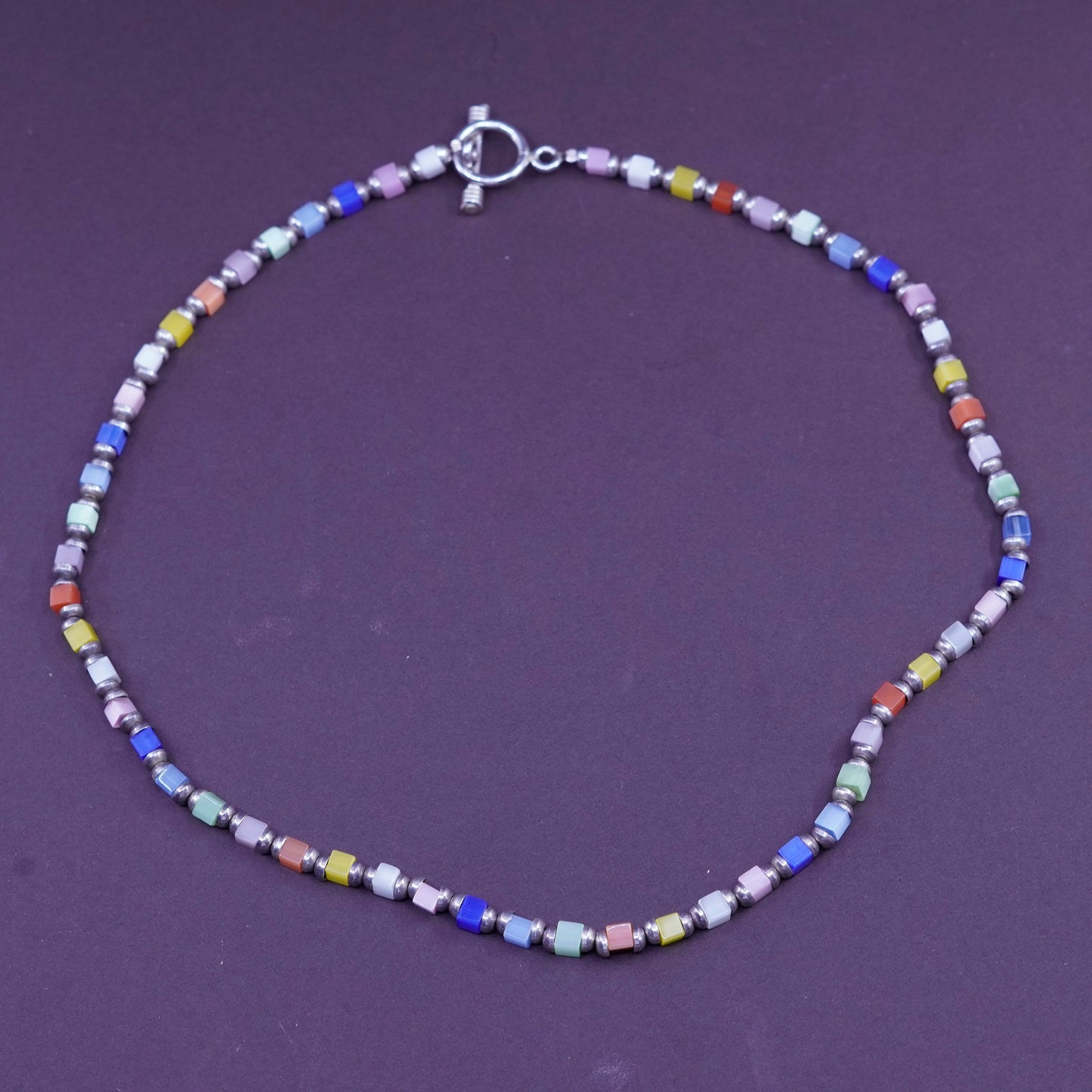 18”, sterling silver handmade necklace, 925 heishi chain with cats eye beads