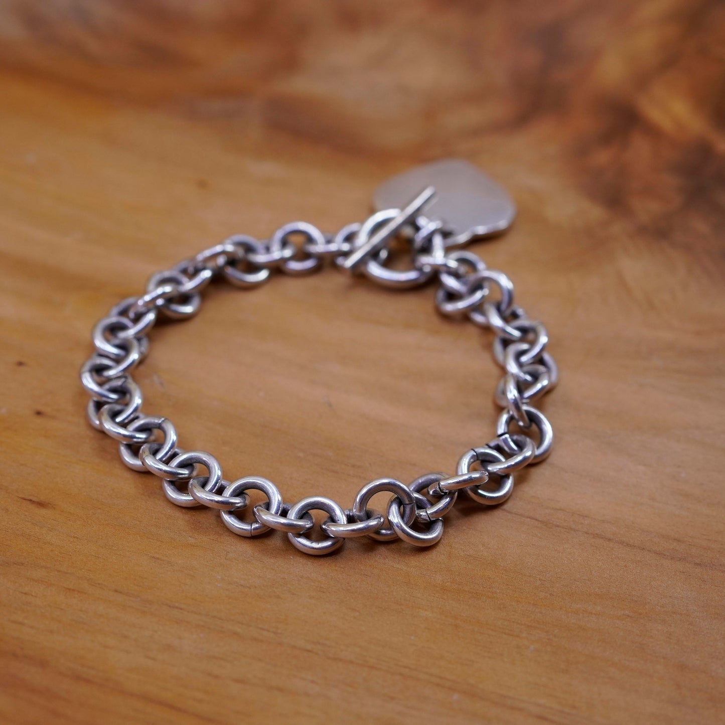 7.5”, Sterling silver handmade bracelet, 925 bold circle chain heart tag charm