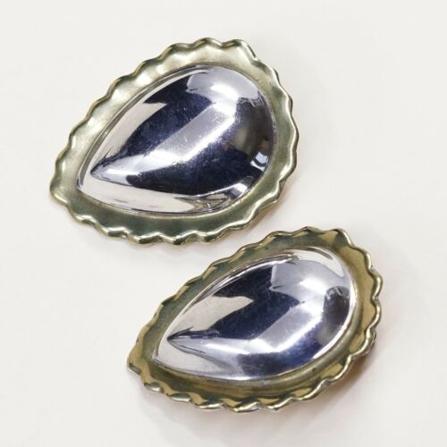 VINTAGE Two Tone Handmade Sterling 925 Silver Teardrop CLIP ON EARRINGS
