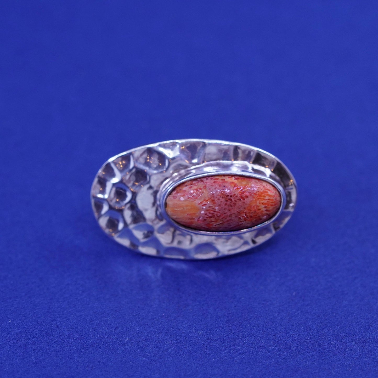 Native American Sterling silver earrings, 925 oval hammered studs with coral