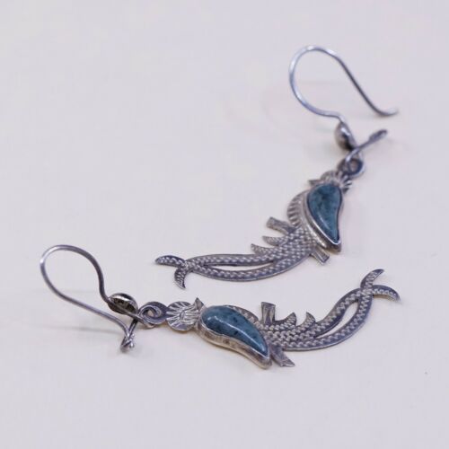 Vintage Southwestern handmade Sterling 925 Silver Peacock Earrings W/ Jade