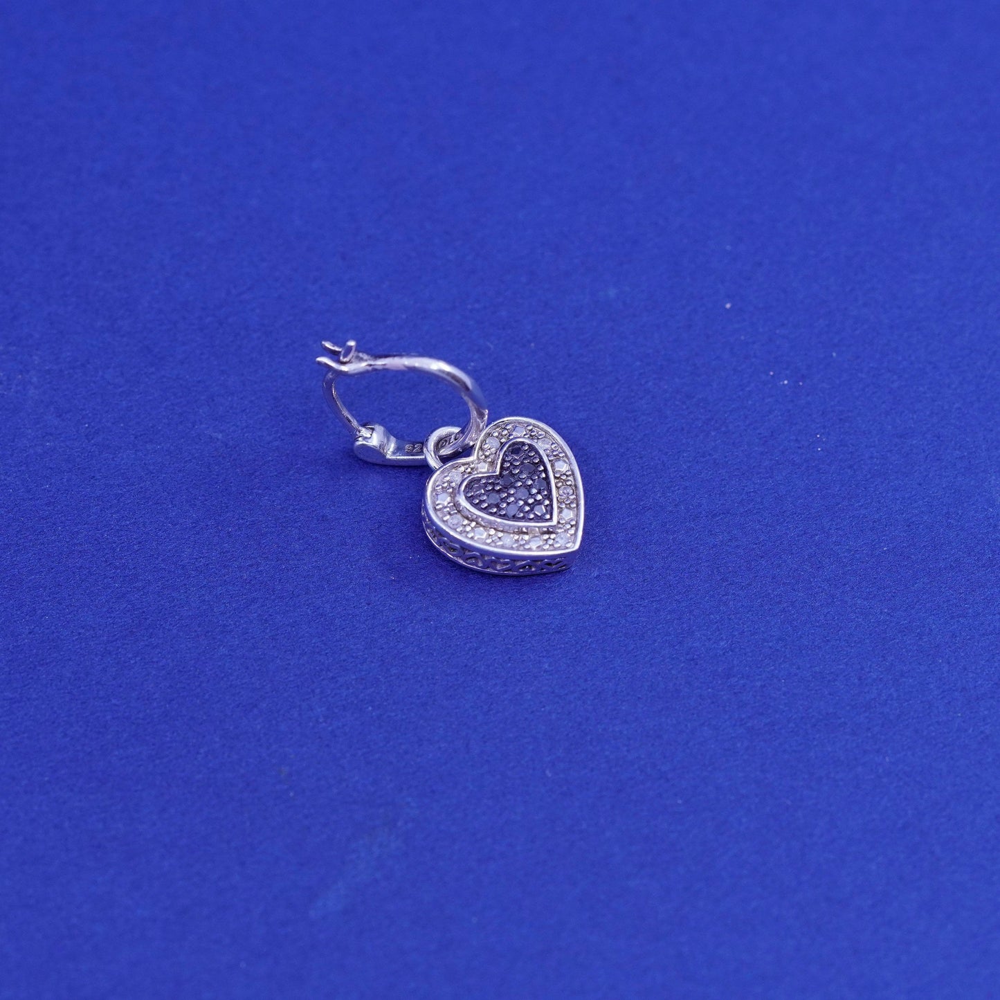 Vintage DLC two tone Sterling silver earrings, 925 hooks with diamond heart