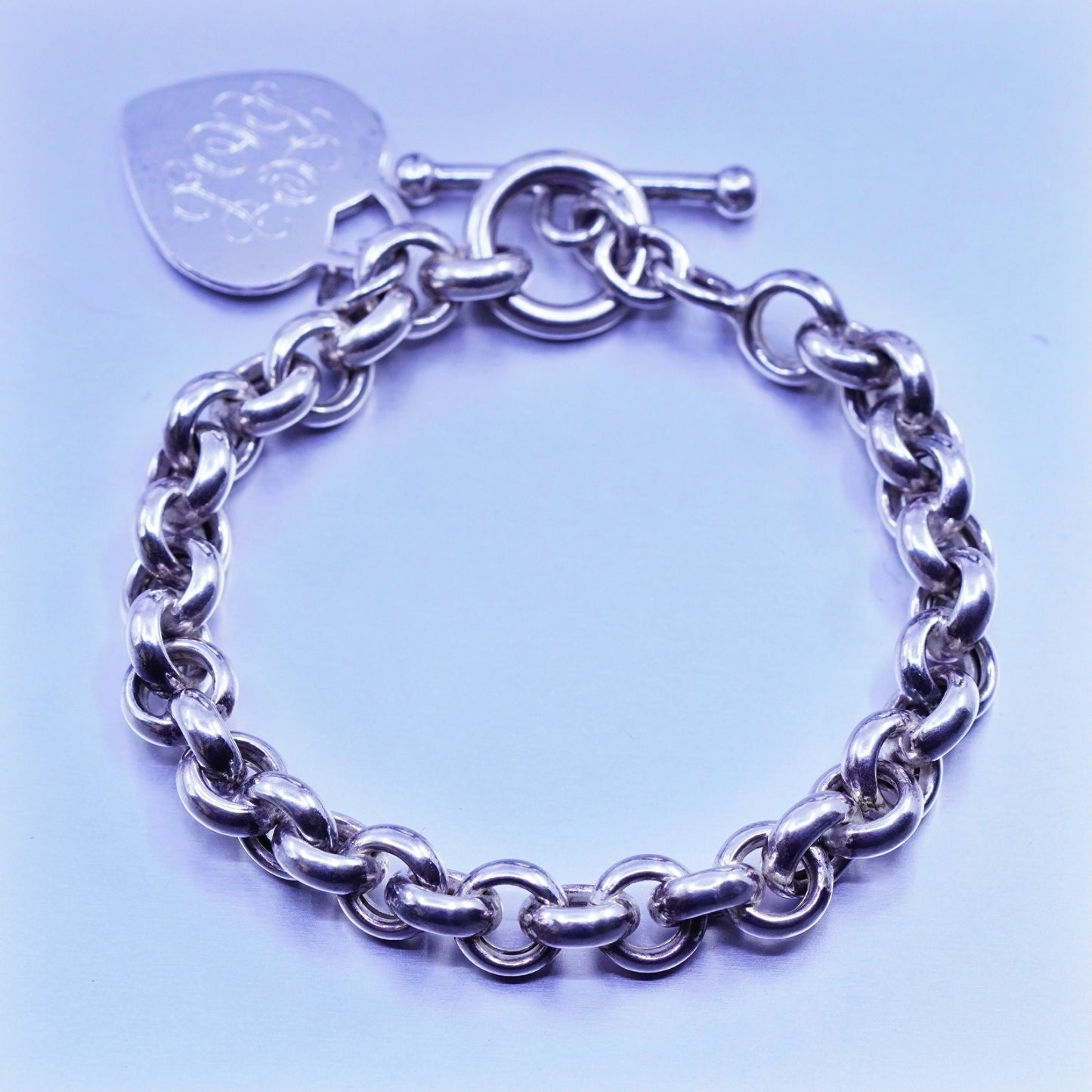 6.5”, Sterling silver bracelet 925 bold circle chain monogram “BEL” heart charm