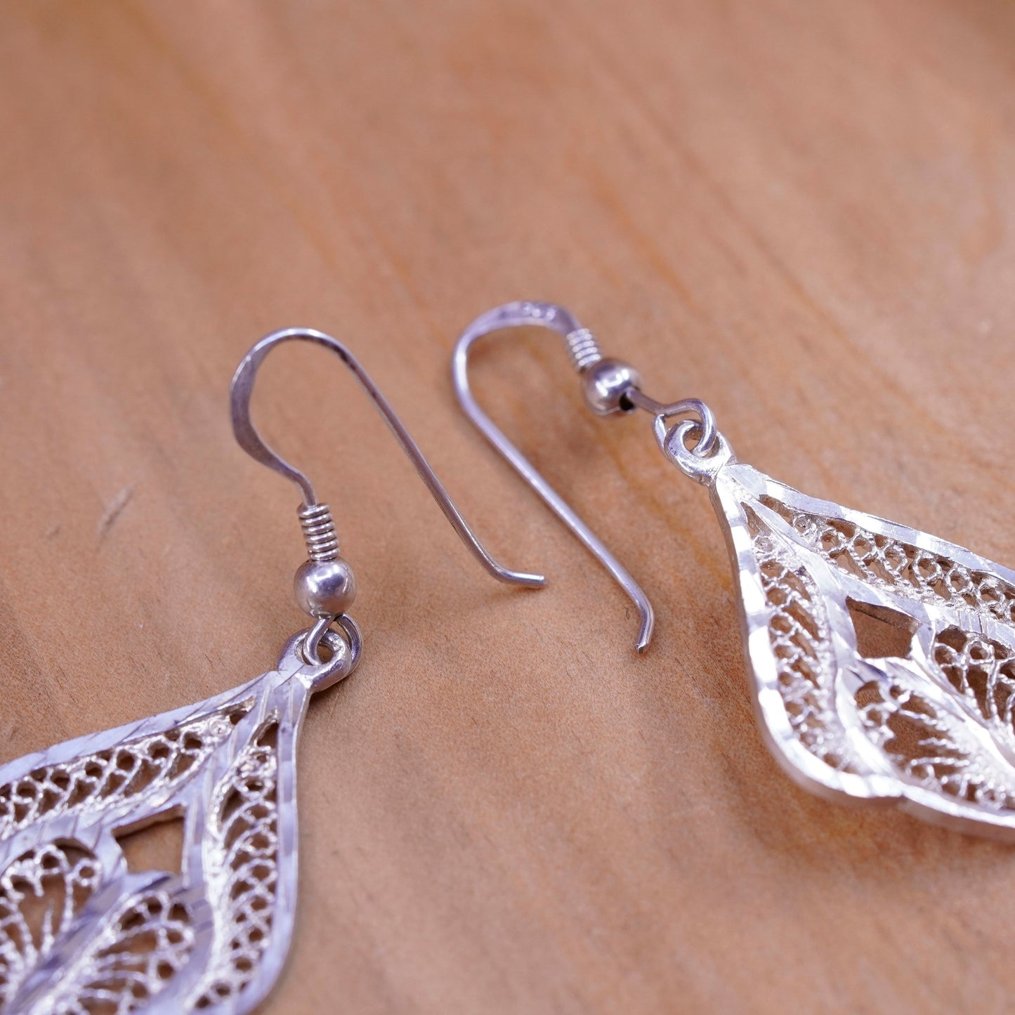 Vintage Sterling silver handmade earrings, 925 Filigree teardrops