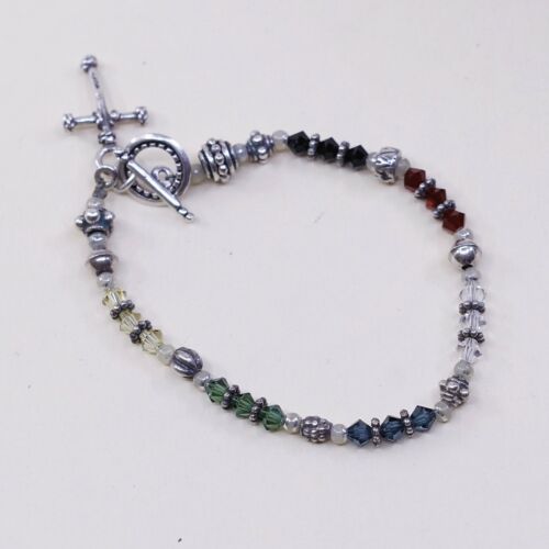 6.25”, Vtg Sterling 925 Silver Handmade bracelet W/ Crystal Beads N Cross Charm