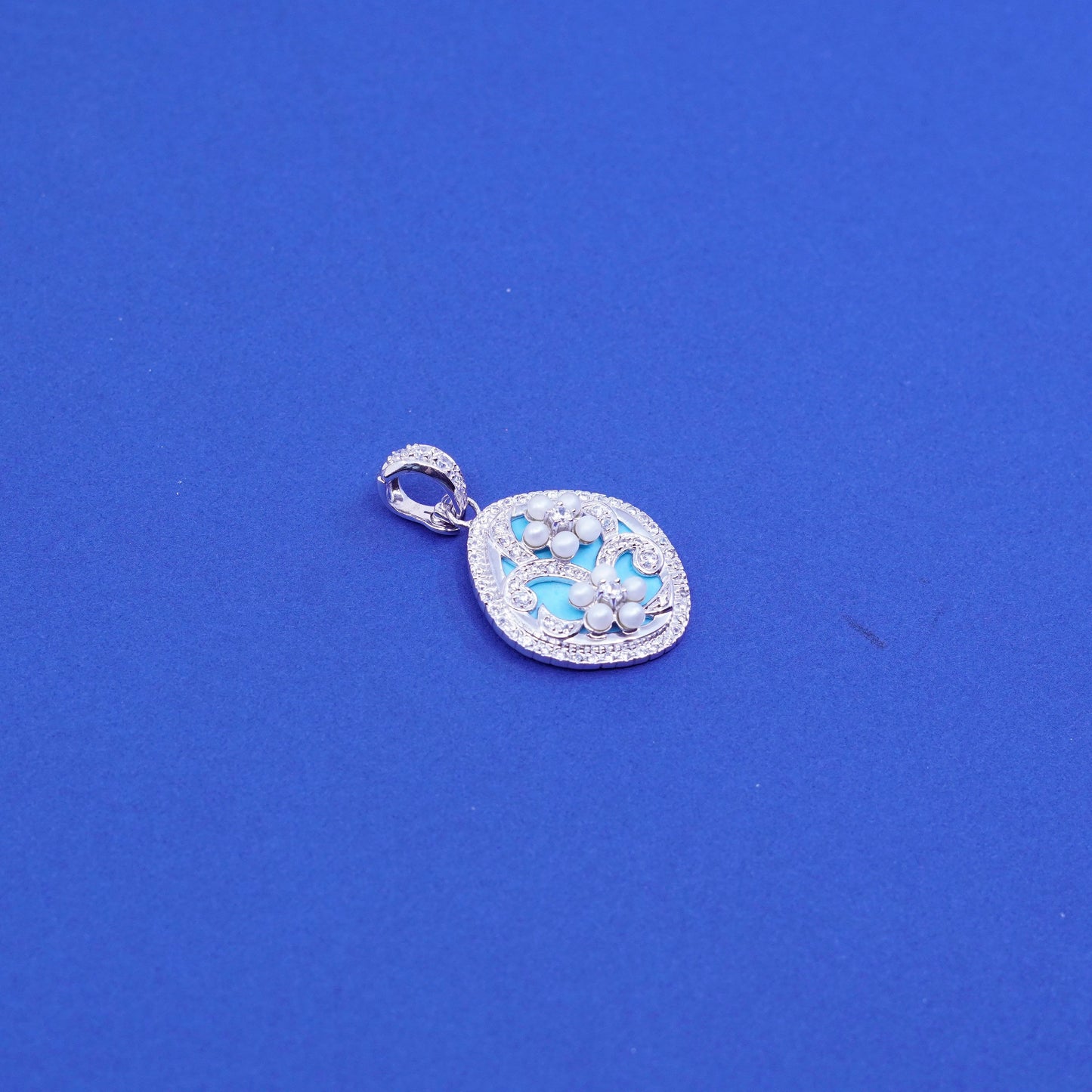 Vintage sterling 925 silver handmade pendant with pearl flower and turquoise Cz