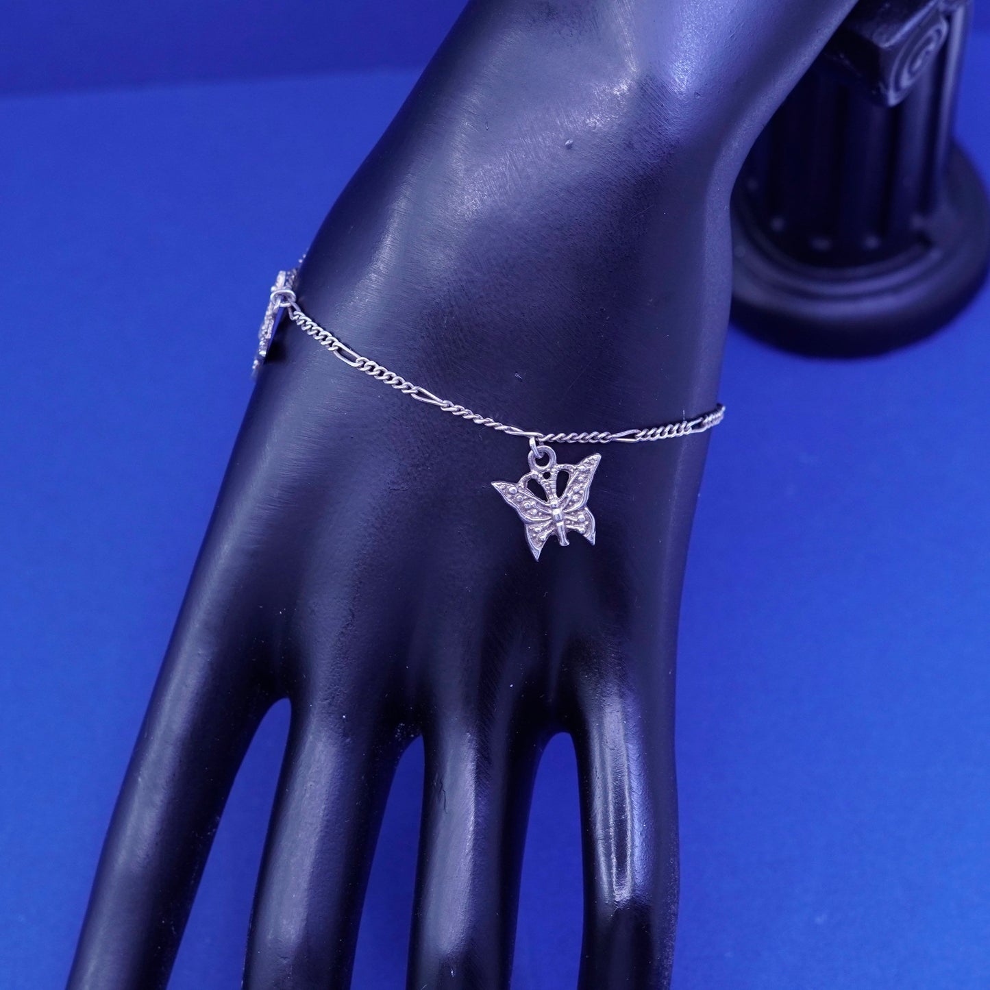 6.5”, vintage Sterling 925 silver figaro bracelet, chain with butterfly charms