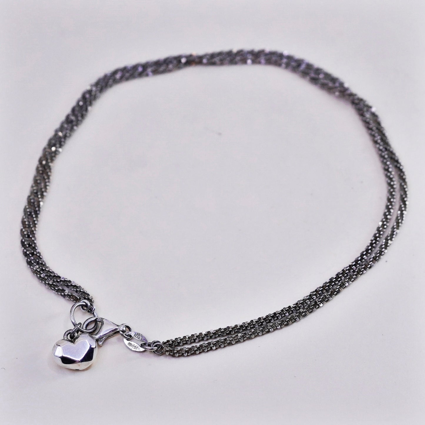 10.75”, vtg Milor sterling silver abort anklet, 925 twisted double chain heart