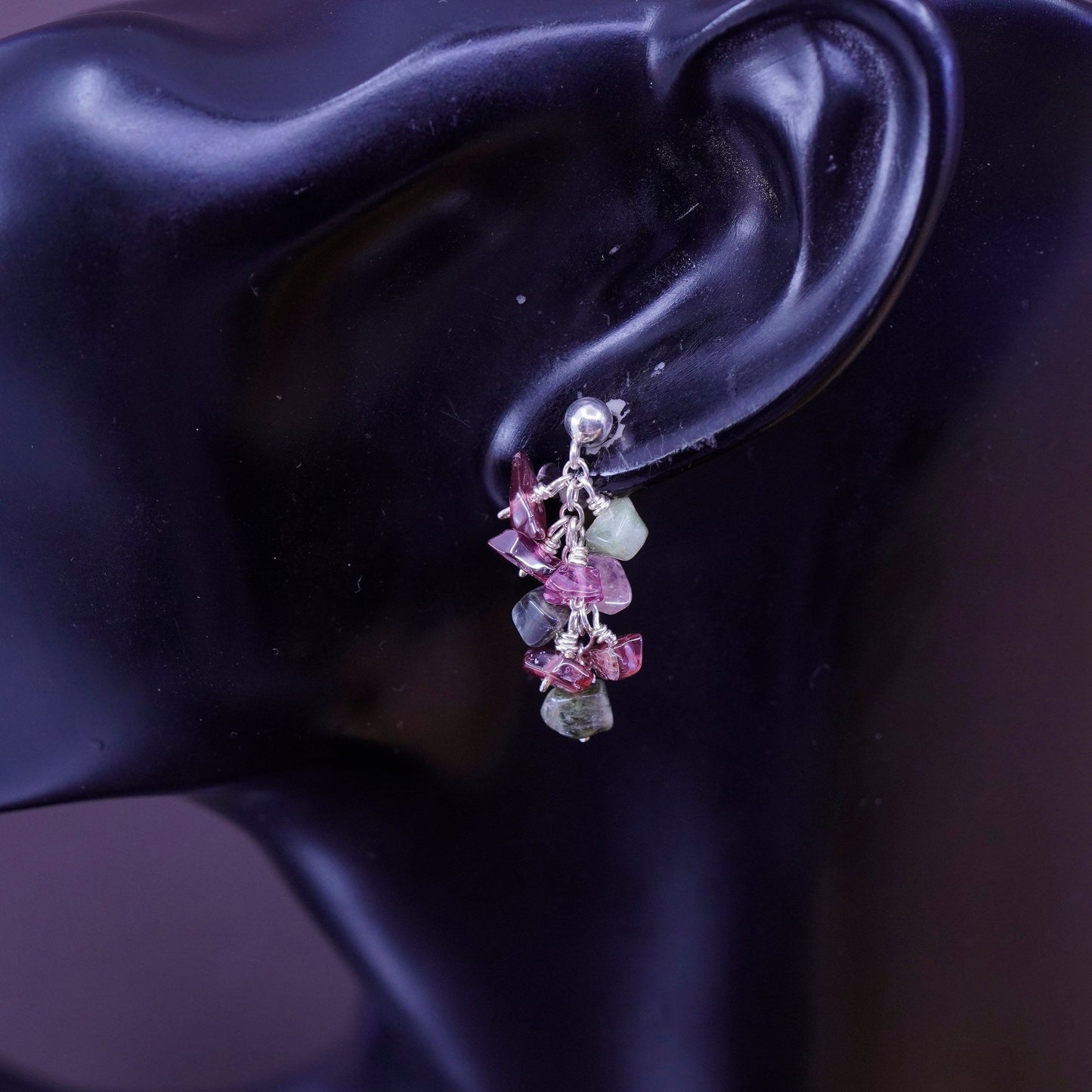 Vintage Sterling 925 silver Handmade earrings with cluster amethyst jade