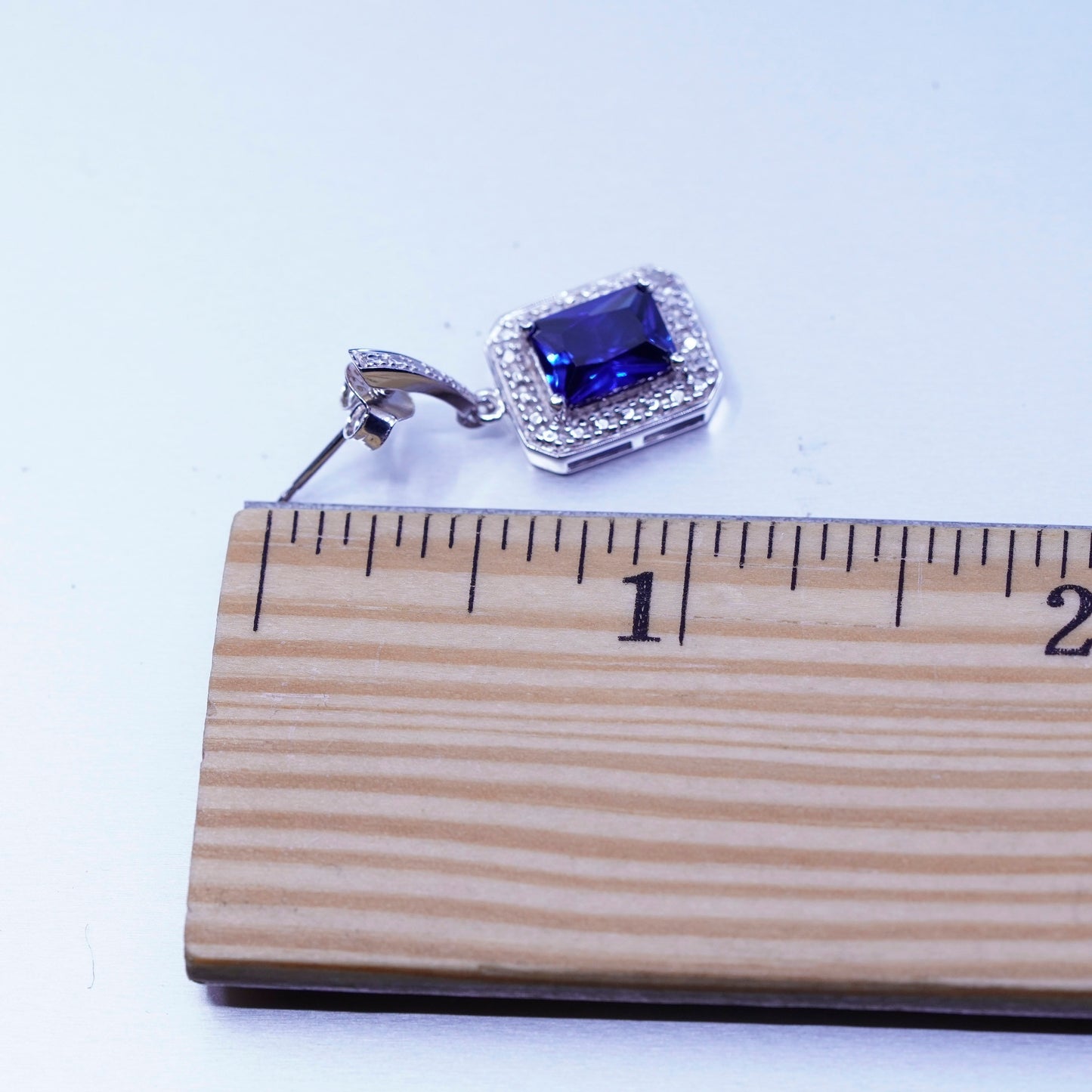 Vintage Sterling 925 silver handmade square earrings with sapphire and diamond