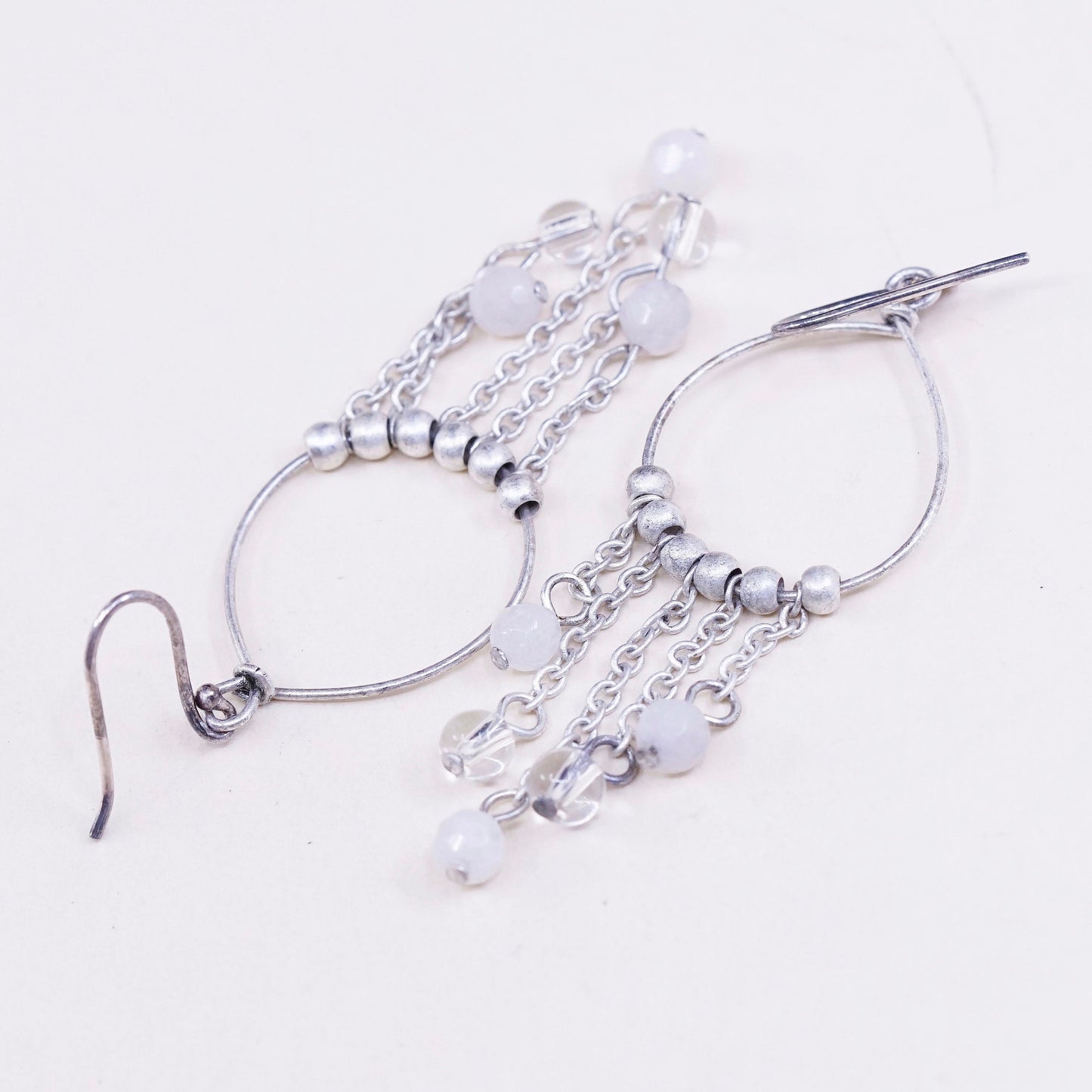 vtg sterling silver handmade earrings, 925 w/ cluster crystal fringe dangles