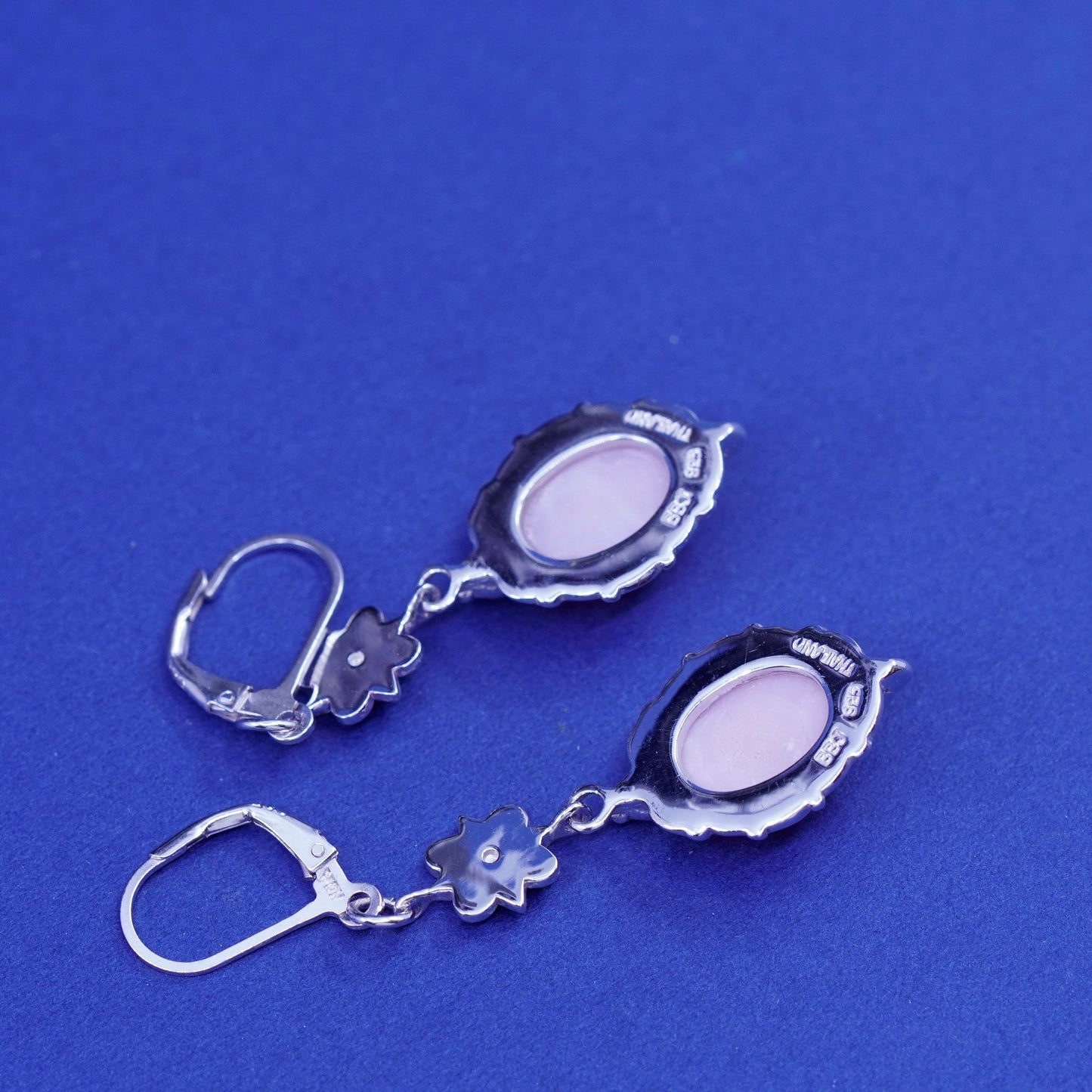 Vintage BBJ Sterling 925 silver handmade earrings with rose quartz and flower