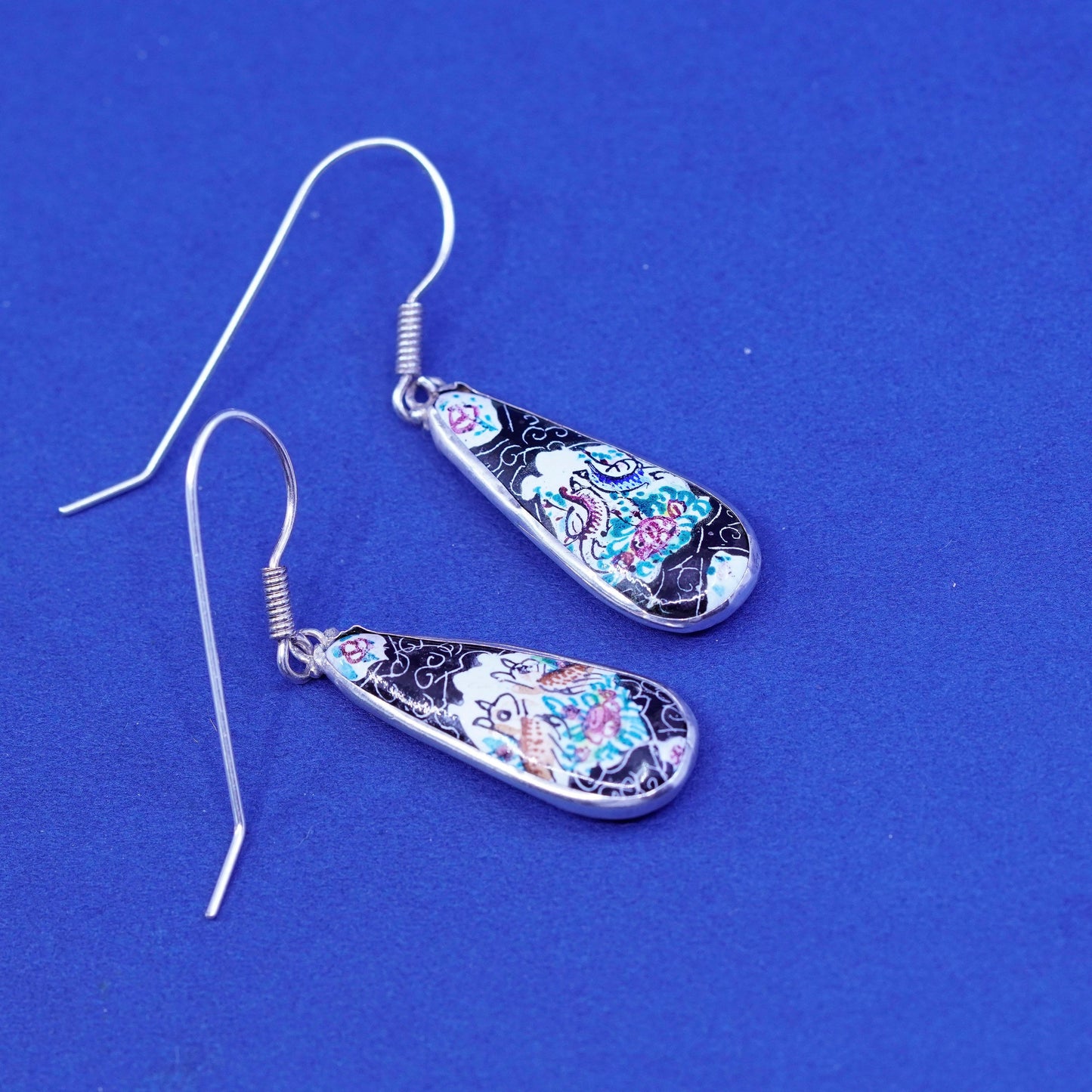 Vintage sterling 925 silver handmade earrings with orient teardrop enamel