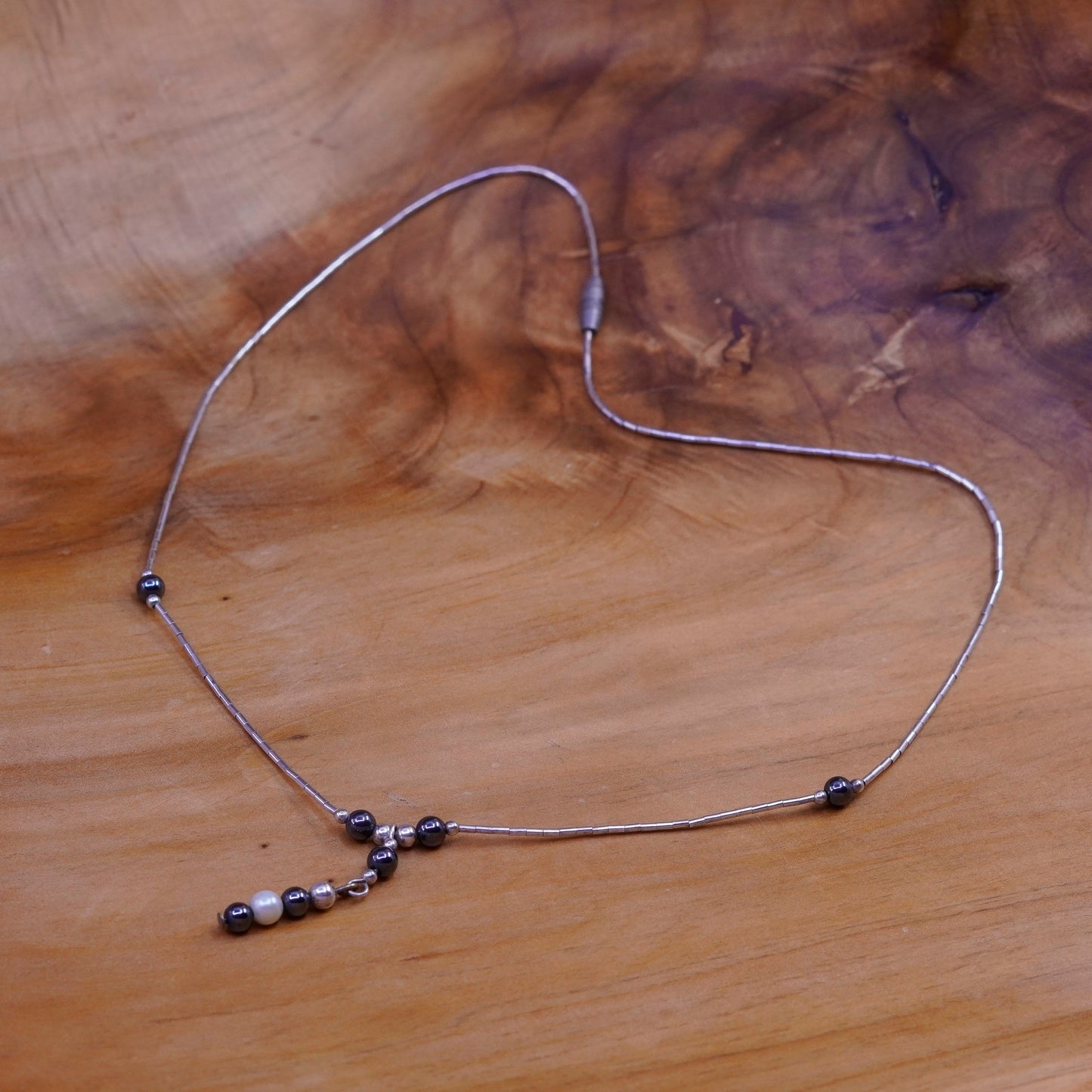 16”, vtg Sterling 925 silver handmade liquid silver chain with hematite beads