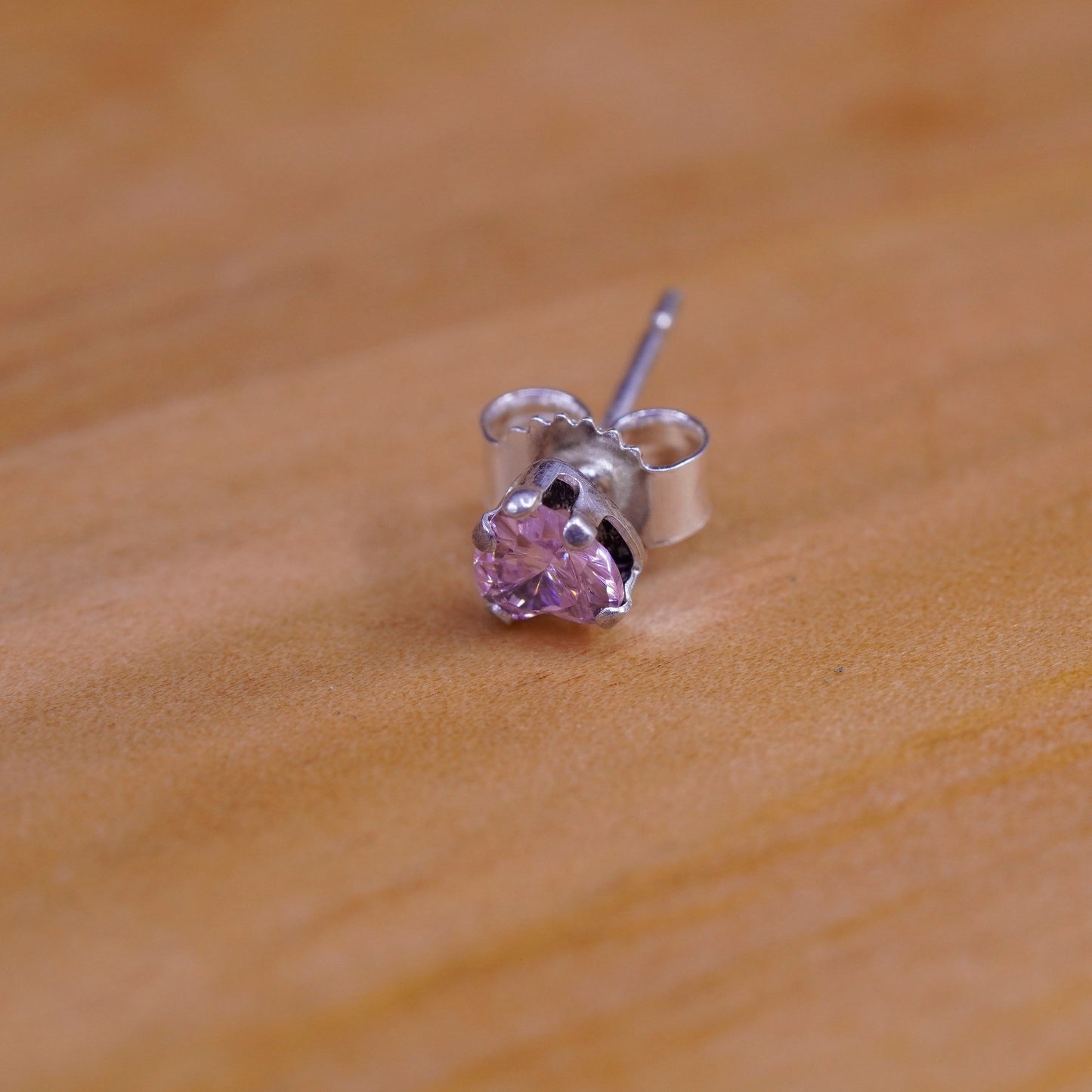 Vintage Sterling silver handmade earrings, 925 heart studs with pink cz