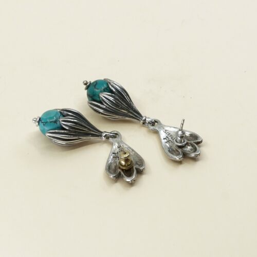 Vtg handmade Sterling 925 Silver Turquoise Earrings w/ turquoise N Petal Details