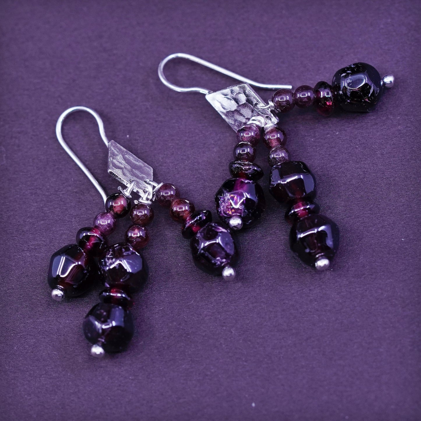 Vintage Sterling silver handmade earrings, 925 disc with garnet beads