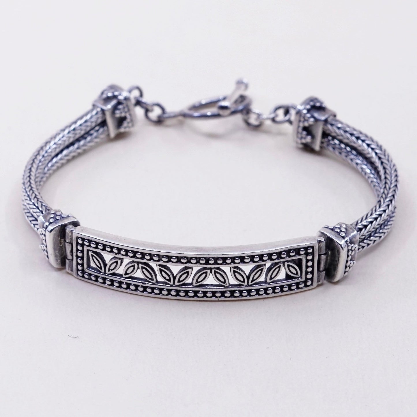 6.5”, vtg sterling silver handmade bracelet, 925 wheat chain with bar N leaves