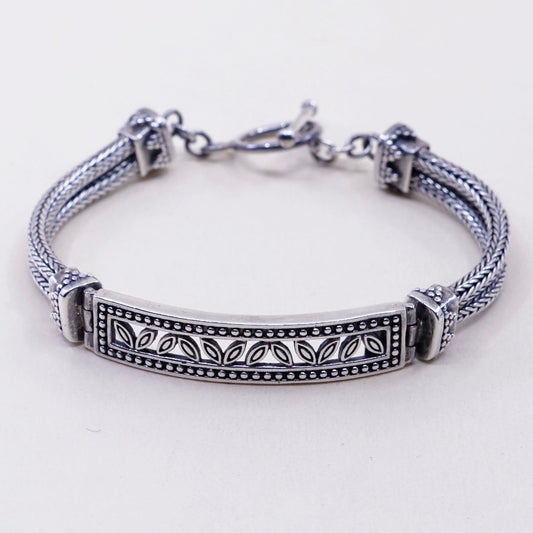 6.5”, vtg sterling silver handmade bracelet, 925 wheat chain with bar N leaves