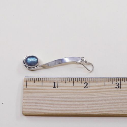 Vtg Modern handmade Sterling 925 Silver earrings, Oval Labradorite Dangles