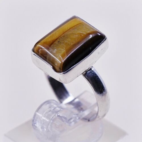 Sz 5.75, Vintage Handmade Sterling Silver Ring W/ Golden Tiger Eye, Stamped 925