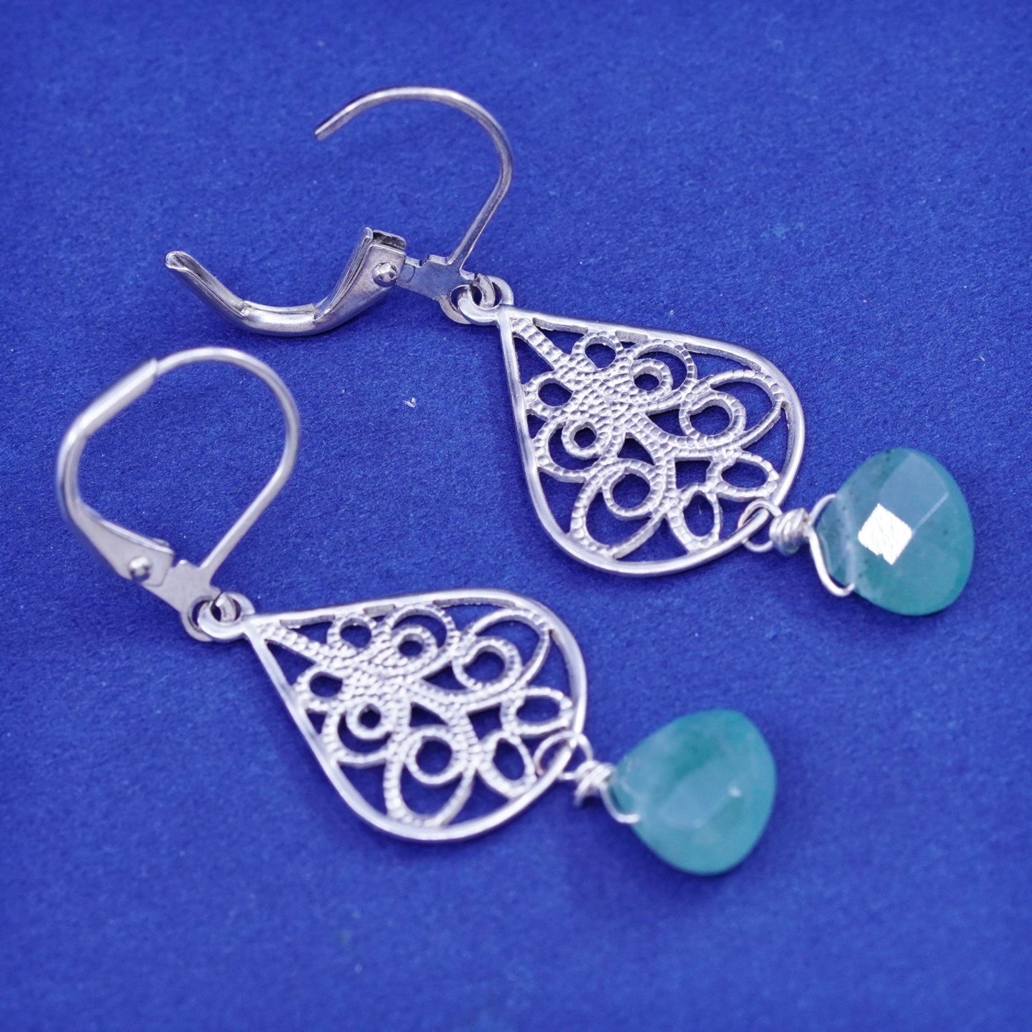 Vintage sterling 925 silver handmade filigree earrings with teardrop jade