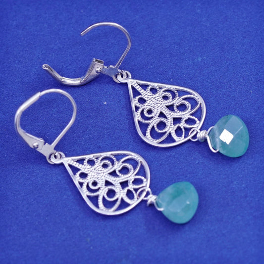 Vintage sterling 925 silver handmade filigree earrings with teardrop jade