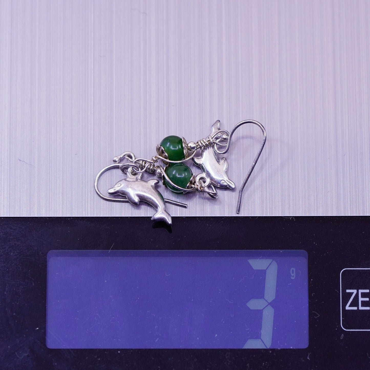 Vintage sterling 925 silver handmade dolphin drop earrings with jade bead
