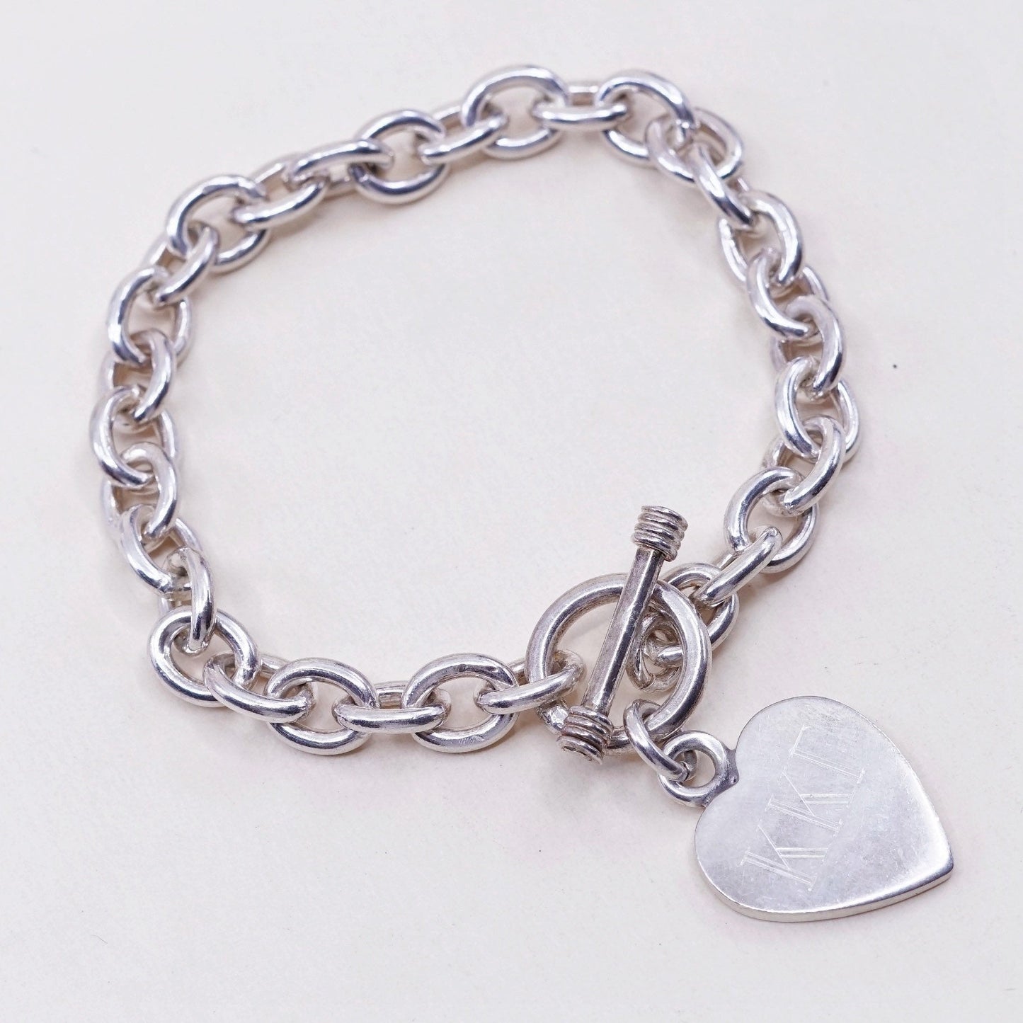 6.75”, sterling silver circle bracelet, 925 chain w/ heart charm monogram KKT