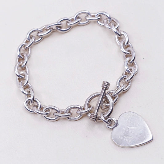 6.75”, sterling silver circle bracelet, 925 chain w/ heart charm monogram KKT