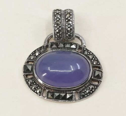 Vtg Sterling 925 Silver Handmade Pendant w/ marcasite N Purple Jade