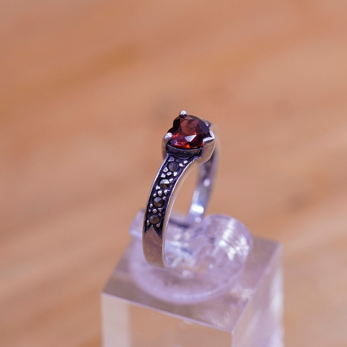 Size 8.5, Sterling 925 silver handmade statement ring heart ruby marcasite