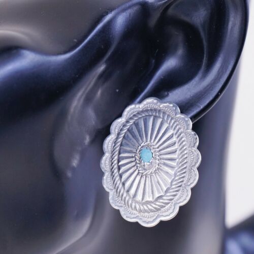 Vintage Sterling Silver Handmade Earrings, Navajo 925 Ribbed Studs W/ Turquoise