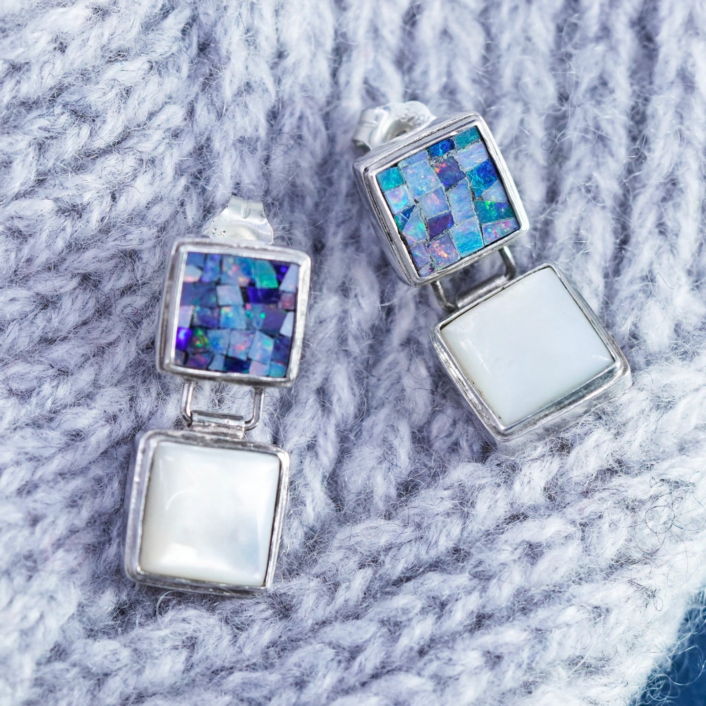 Vintage sterling 925 silver handmade square earrings with opal and moonstone