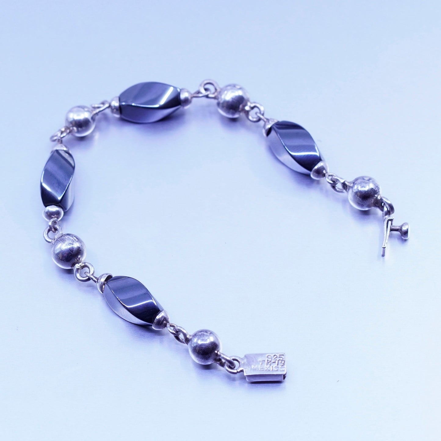 6.5”, vintage Sterling 925 silver handmade bracelet with hematite and beads