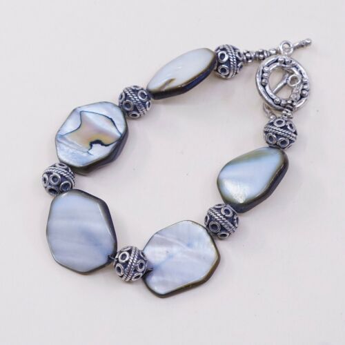 6.5”, Vtg Handmade Abalone Disc Bracelet W/ Silver Tone Toggle Claiyfe