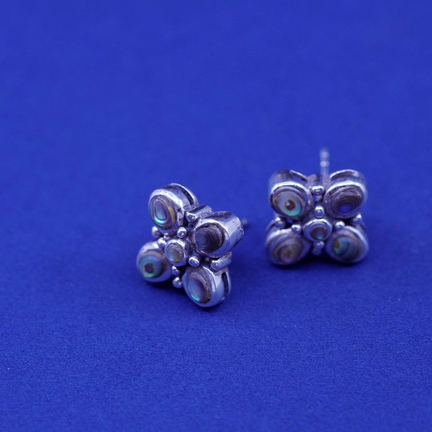 Vintage sterling silver handmade earrings, 925 floral studs with abalone