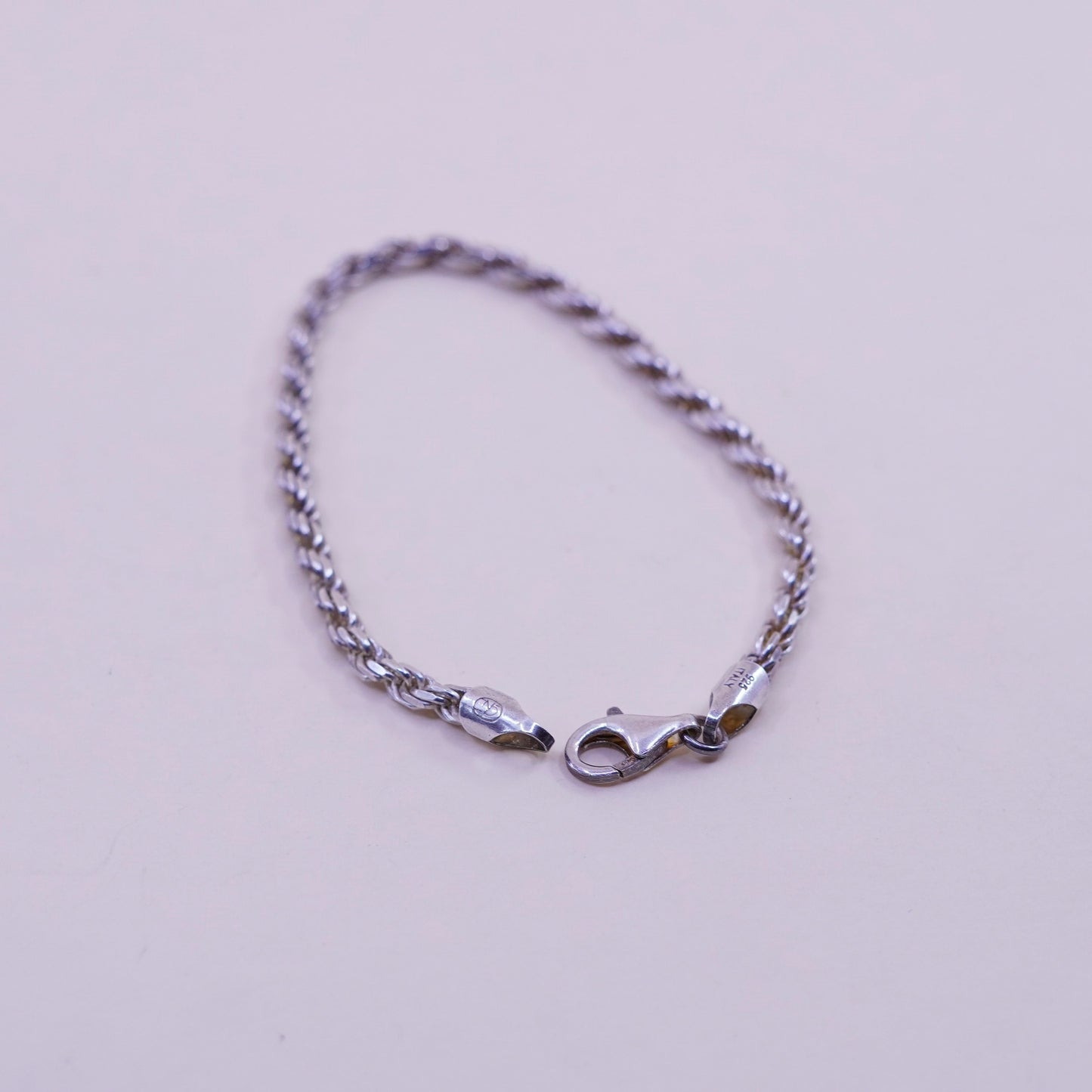 7.75”, 3mm, Vintage sterling 925 silver Italy rope chain bracelet