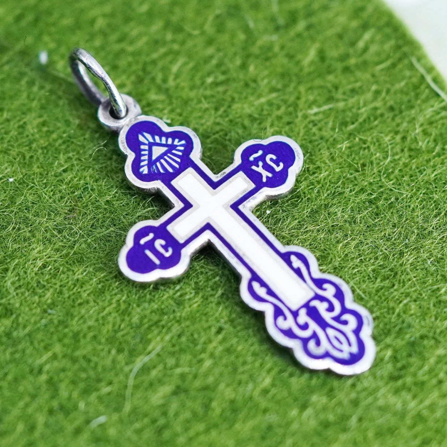 Vintage Sterling 925 silver handmade cross pendant with blue enamel