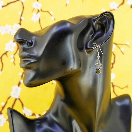 Vintage Sterling 925 silver handmade earrings with obsidian and marcasite