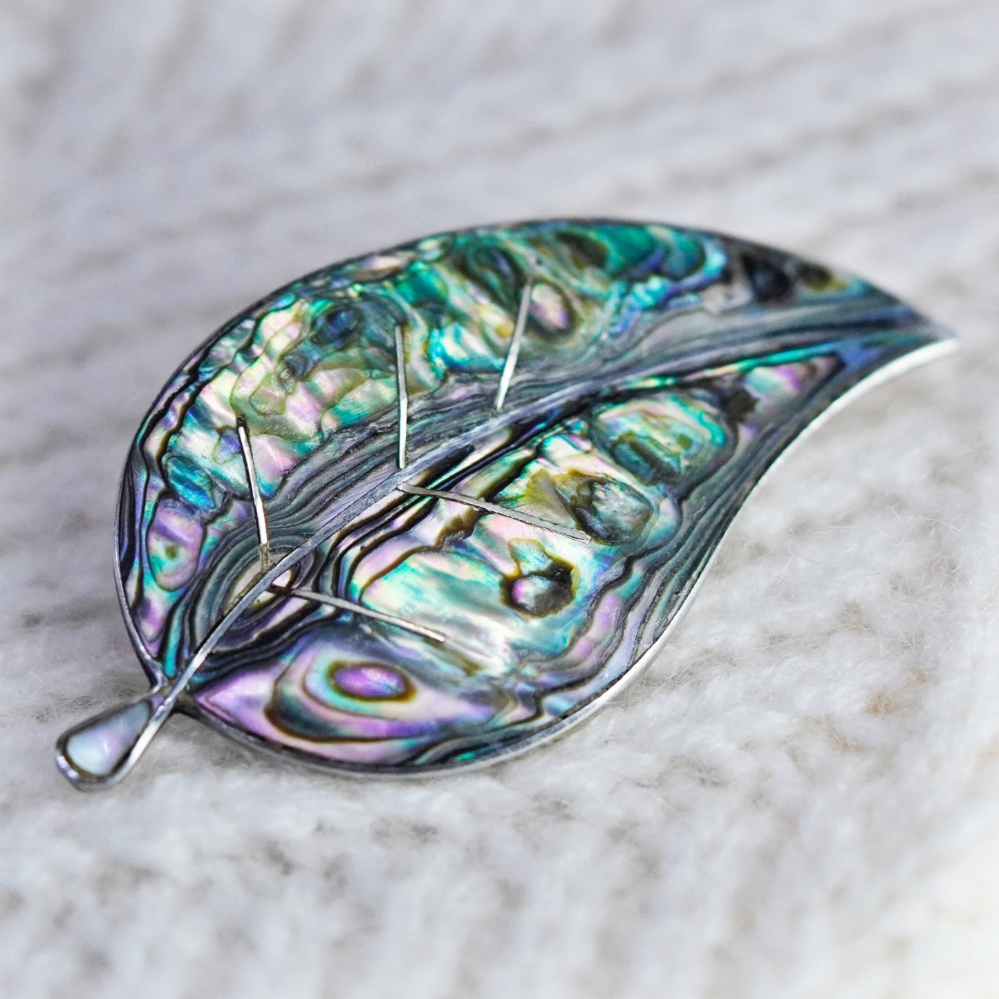 Antique Sterling silver handmade brooch, 925 leaf pin with abalone inlay