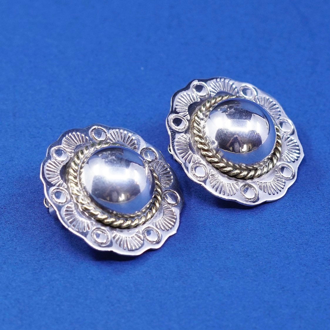 two tone Sterling silver handmade earrings, 925 flower clip on w/ brass cable